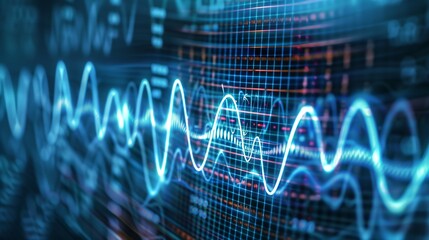 Glowing protein structure with sound wave vibrations representing hearing-related biochemistry, scientific concept of molecular biology and auditory system.
