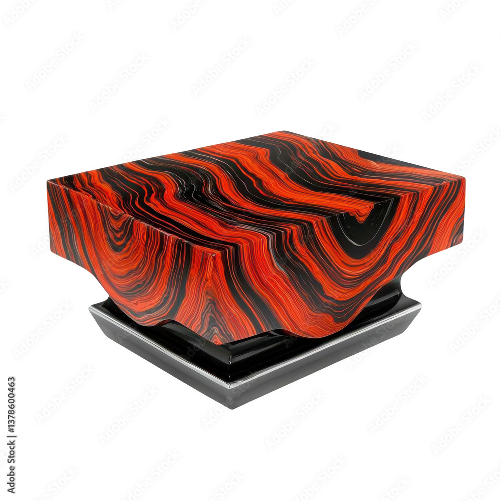 Poster a striking, modern sculpture with bold red and black swirling patterns creates dynamic visual effect
