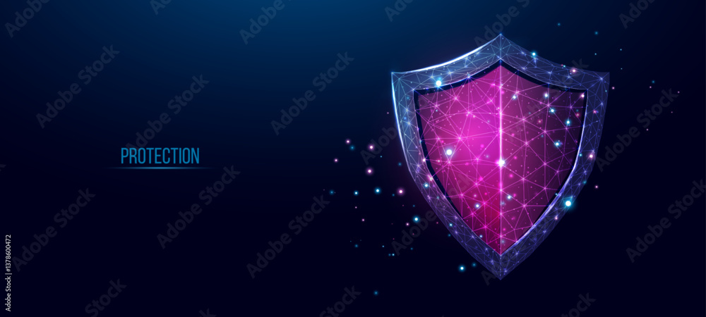 Poster guard shield. cyber security concept with glowing low poly shield on dark blue background. wireframe