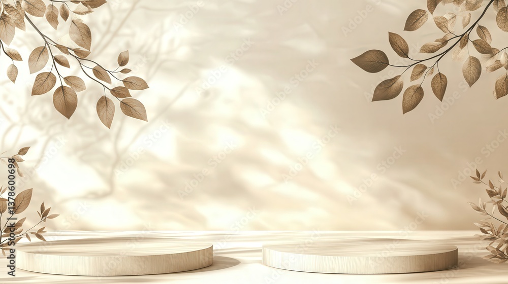 Poster clean and simple design with round podiums on a beige stage. the soft shadows of tree leaves add a n