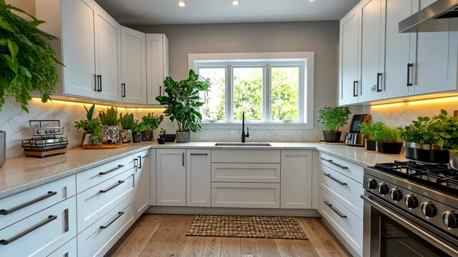 Bright, modern kitchen with white cabinets, natural light, and greenery