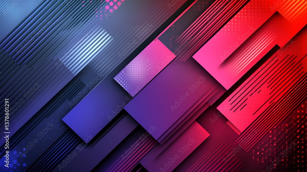 Poster a vibrant abstract design featuring geometric shapes in red, purple, and blue, with stripes and dots