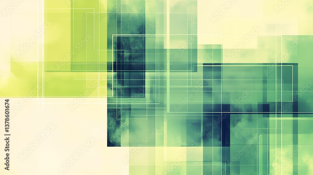 Poster an abstract composition featuring overlapping geometric shapes in varying shades of green and light 