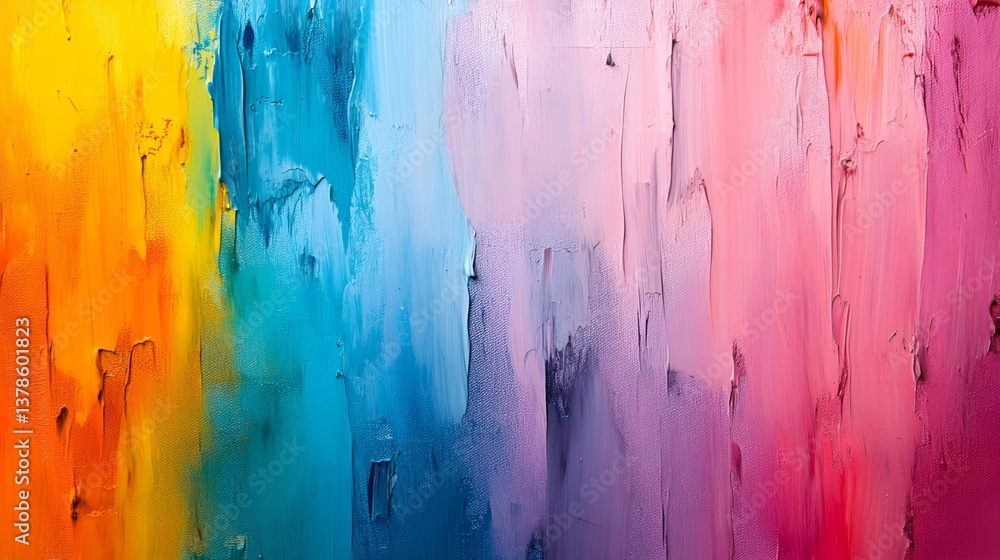 Poster a vibrant abstract painting featuring a gradient of colors, blending smoothly from warm oranges to c