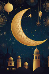 Beautiful mosque with crescent moon in the background, surrounded by lanterns and stars, in Arabic style