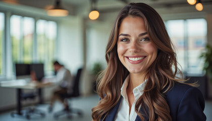 A portrait headshot photo of a friendly professional CEO executive business worker: A smiling young professional woman with long brown hair stands confidently in a modern office, looking directly