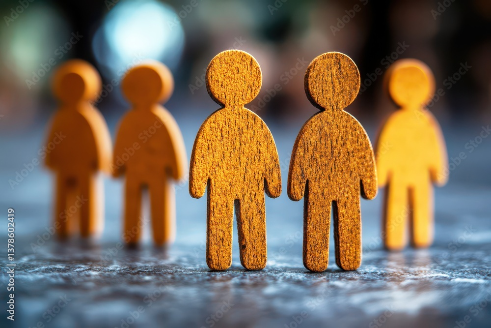 Aufkleber wooden figures representing teamwork and collaboration in a blurred background with additional figur