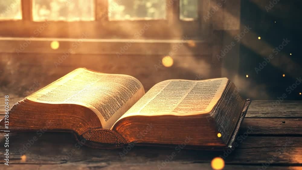 Poster open vintage book with glowing pages on wooden table illuminated by soft warm light, creating a magi
