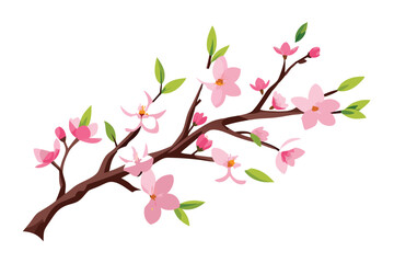 Decorative Isolated Branch with Pink Blossom Flowers and Green Leaves on White