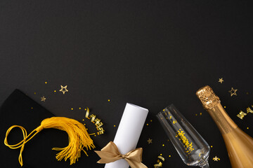Graduation-themed items including a rolled diploma, graduation cap, champagne bottle, and festive...