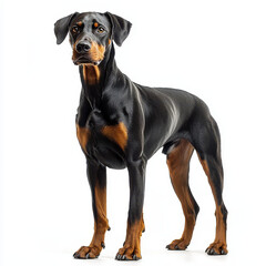 Majestic Doberman in Full Stance: A striking portrait of a Doberman pinscher, displaying its sleek black and tan coat, poised confidently against a clear background.