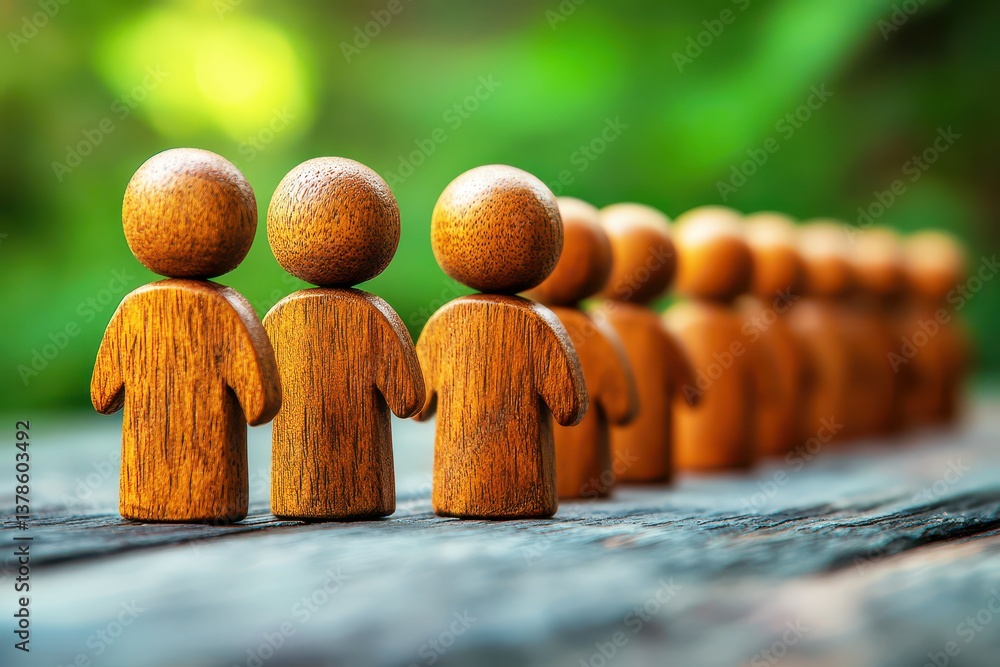 Aufkleber wooden figurines representing community unity and connection in nature with blurred background and n