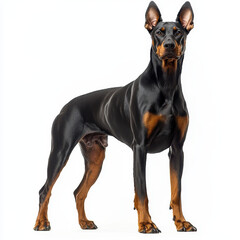 Elegant Doberman Pinscher in a Confident Stance: This stunning studio portrait captures the regal presence of a Doberman Pinscher, showcasing its sleek black and tan coat, alert ears.