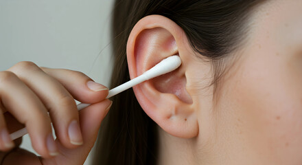 photography of a woman cleaning her ear with a cotton bud