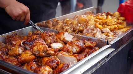 Naklejka premium A food truck serving gourmet chicken, pork, and beef dishes, showcasing street food diversity worldwide,