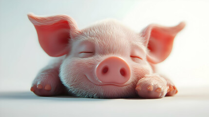Adorable Pink Piglet Sleeping Peacefully on a White Surface in a Studio with Soft Lighting Close Up