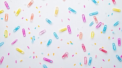 paper clips scattered across a clean white background, providing a bright and lively interpretation of the office stationery and organization theme.