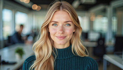 Obraz premium A portrait headshot photo of a friendly professional CEO executive business worker: A young woman with blonde hair and blue eyes smiles confidently at the camera while standing in a modern office