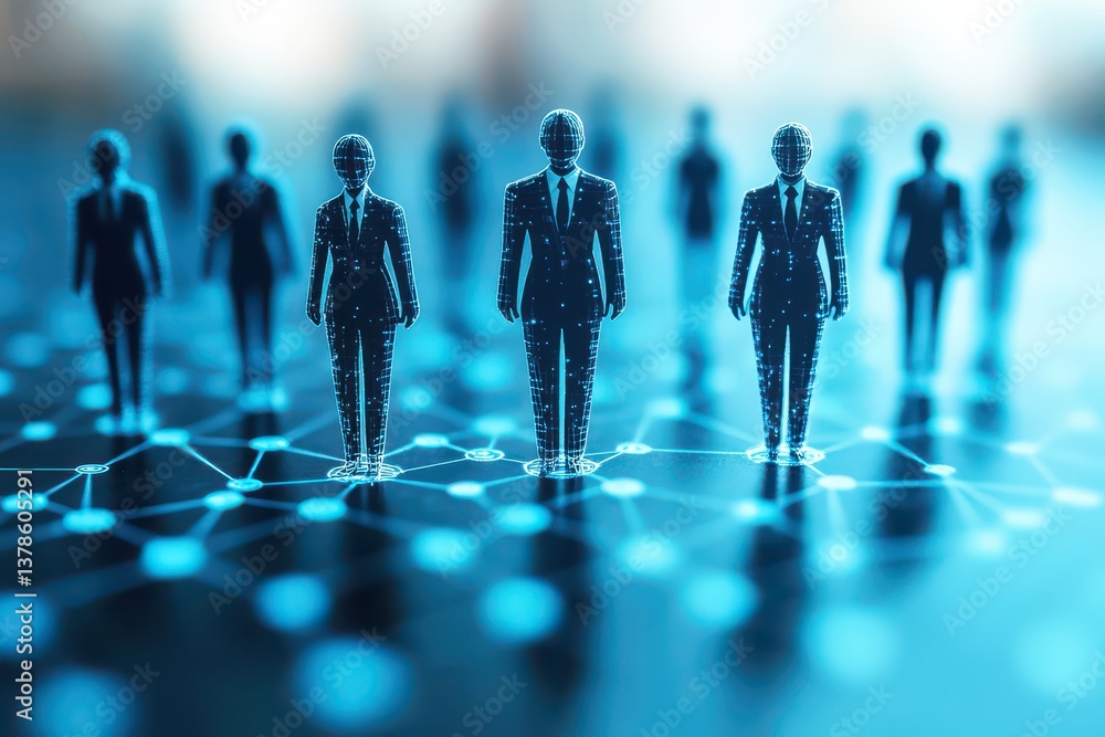 Poster digital silhouettes of business people standing in a network environment with glowing nodes and conn