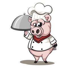 isolated vector illustration of a cartoon pig bring food in lit wearing chef cloth, chef hat, and red sal, work of hand drawn