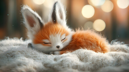Adorable Sleeping Fox Cub on Fluffy Blanket with Soft Orange and White Fur Relaxing with Eyes Closed in Gentle Bokeh Background