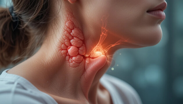 A woman's neck displaying a severe case of inflamed lymph nodes, highlighted by an overlay emphasizing the painful swelling with a soft focus background.