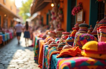 Colorful handmade crafts display at traditional Mexican market. Vibrant textiles, souvenirs, artistic decorations in Oaxaca or Chiapas. Tourists shopping, exploring local culture, travel destinations.