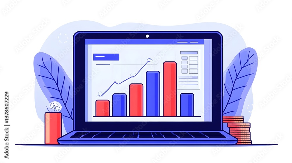 Poster online banking and financial planning with laptop displaying data visualizations