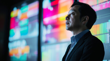 Business analytics professional analyzing data insights in modern office environment with high-tech displays