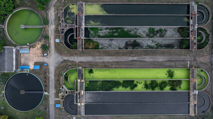 Top view black water treatment tank with waste water, Circle circular water clarifier cleaning...