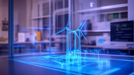 Innovative wind turbine design display laboratory 3d model futuristic environment close-up view renewable energy concept