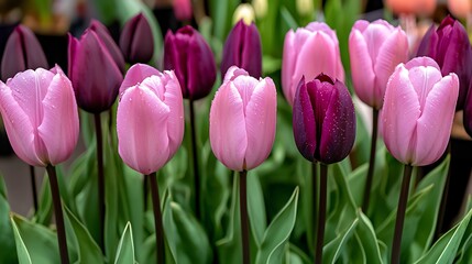 Fototapeta premium Beautiful tulips blooming in spring garden nature photography colorful flower arrangement close-up view