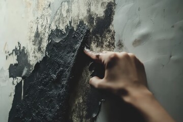 Hand peeling back wallpaper revealing toxic black mold on wall. AI generated illustration.