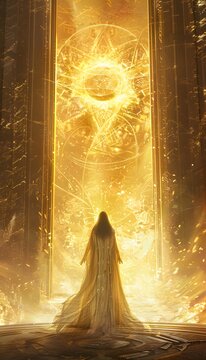 A mystical queen standing before a golden portal leading to an ancient lost civilization, her flowing robes shifting between centuries
