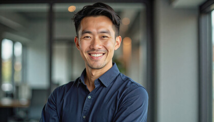 Obraz premium A portrait headshot photo of a friendly professional CEO executive business worker: A smiling Asian man with short dark hair and a light beard confidently poses indoors, wearing a dark blue butto