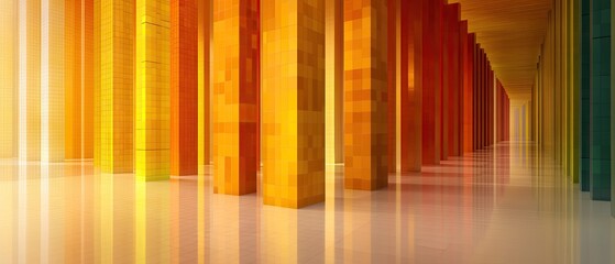 Obraz premium A hall with colorful columns, warm tones and reflected light creating a unique perspective