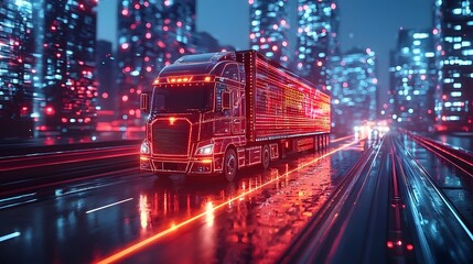 Futuristic transport truck delivering cargo through a dazzling city skyline at night