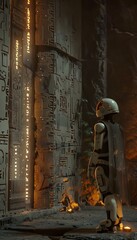 A robot explorer discovering an ancient alien cathedral, glowing runes pulsing softly, cinematic sci-fi archaeological wonder