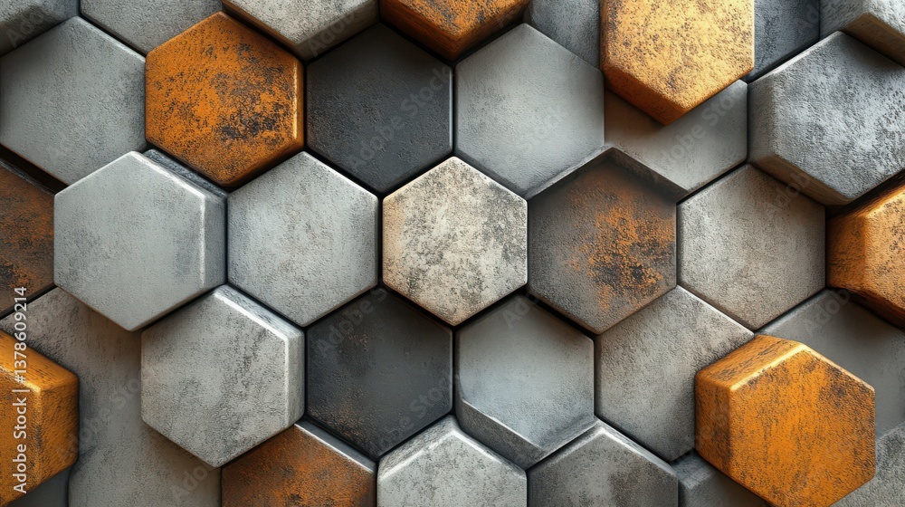 Poster geometric hexagon pattern with textural metallic surface and grungy finish