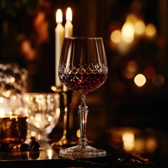 A luxurious red wine in a crystal glass, with rich tones of burgundy and a warm glow from candlelight in the background