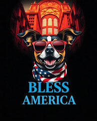 A cheerful Labrador Retriever with refined features, wearing red sunglasses and an American flag scarf, 14th for july celebration. Below, the phrase "BLESS AMERICA". Created with generative AI.	