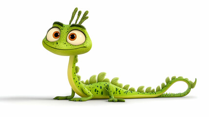 Fototapeta premium Animated Green Spotted Lizard with Big Eyes Standing on a White Background in Full Shot Animal Portrait