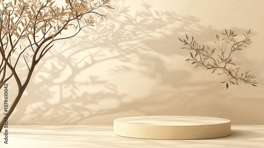Poster elegant pedestal design with an empty stage and soft tree shadow accents on a beige backdrop. ideal 
