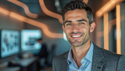 Fototapeta premium A portrait headshot photo of a friendly professional CEO executive business worker: A smiling man in a suit confidently looks at the camera within a modern office space.