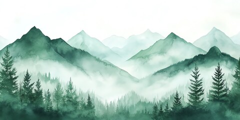 Misty Mountain Forest Landscape with Evergreen Trees Watercolor Illustration