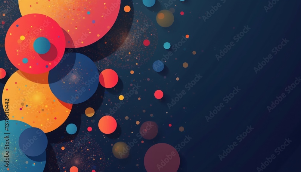 Poster abstract geometric design featuring array of colorful circles, dots. dark blue background. modern ar