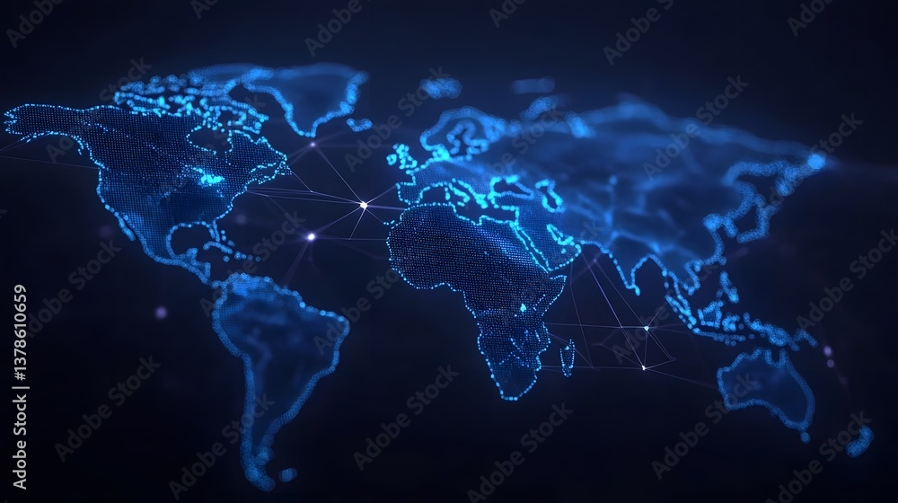 Poster glowing global data network and financial trends visualization