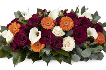 Naklejka premium Beautiful floral arrangement featuring roses, calla lilies, and gerbera daisies in vibrant colors for any occasion