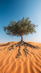 Resilient tree surviving in desert landscape nature photography sand dunes clear blue sky unique ecosystem