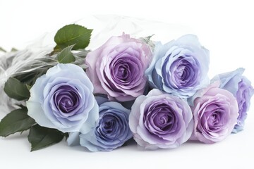 Beautiful bouquet of lavender and blue roses wrapped in clear plastic with green leaves